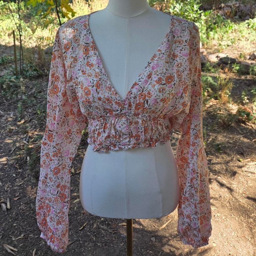 Nasty Gal Pink and Orange Floral Peasant‎ Blouse Size 8